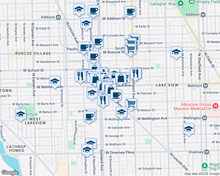 map of restaurants, bars, coffee shops, grocery stores, and more near 1518 West Belmont Avenue in Chicago