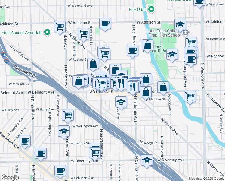 map of restaurants, bars, coffee shops, grocery stores, and more near 3216 North Francisco Avenue in Chicago