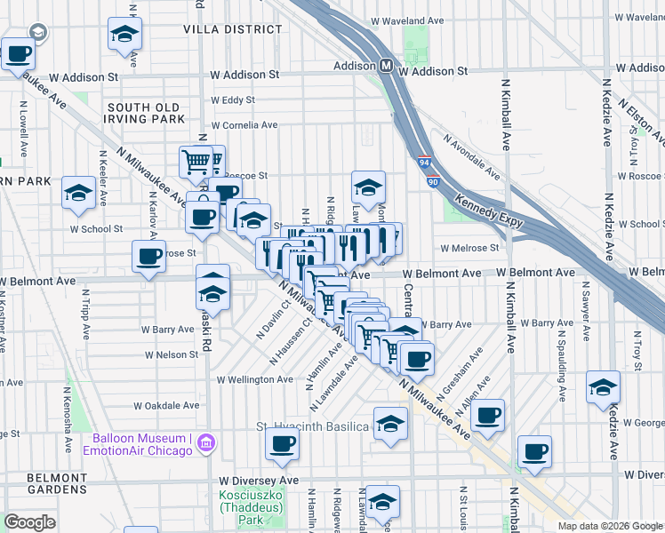 map of restaurants, bars, coffee shops, grocery stores, and more near 3228 North Ridgeway Avenue in Chicago
