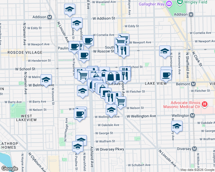 map of restaurants, bars, coffee shops, grocery stores, and more near 1456 West Belmont Avenue in Chicago