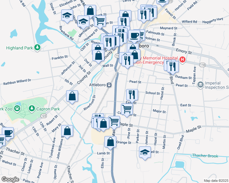 map of restaurants, bars, coffee shops, grocery stores, and more near 130 South Main Street in Attleboro