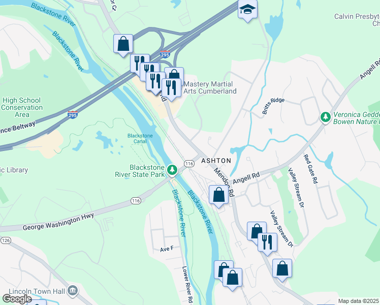 map of restaurants, bars, coffee shops, grocery stores, and more near 1590 Mendon Road in Cumberland