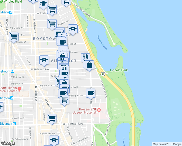 map of restaurants, bars, coffee shops, grocery stores, and more near 3394 North Sheridan Road in Chicago
