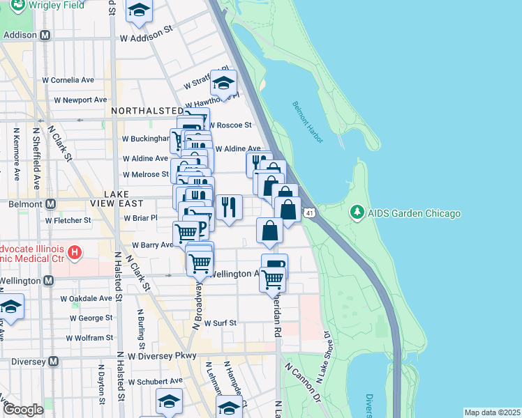 map of restaurants, bars, coffee shops, grocery stores, and more near 421 West Belmont Avenue in Chicago