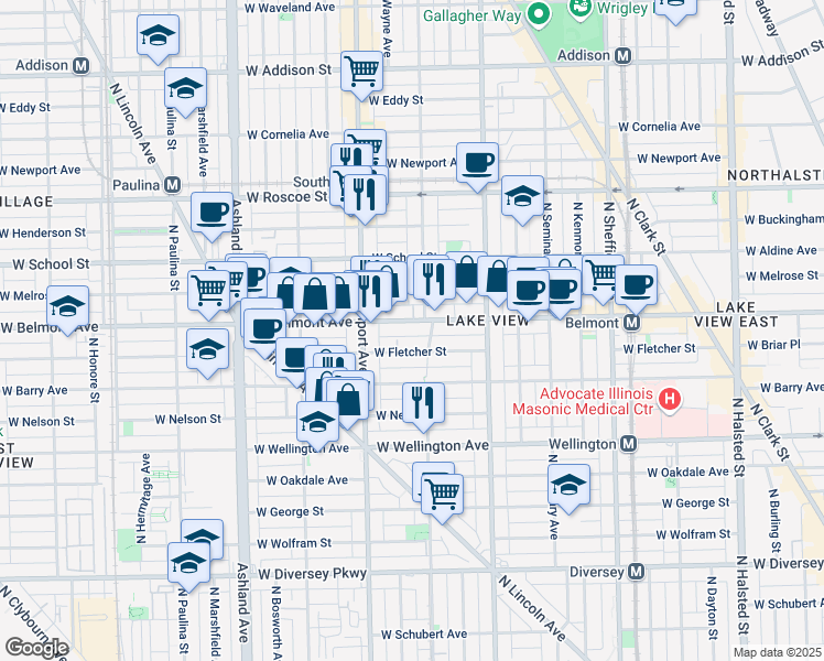 map of restaurants, bars, coffee shops, grocery stores, and more near 1300 West Belmont Avenue in Chicago