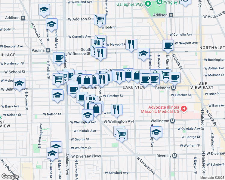 map of restaurants, bars, coffee shops, grocery stores, and more near 1300 West Belmont Avenue in Chicago