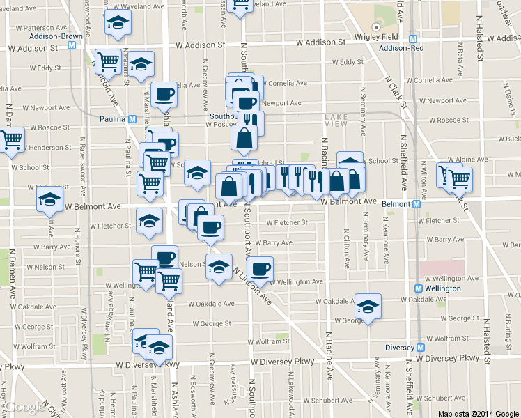 map of restaurants, bars, coffee shops, grocery stores, and more near 1342 West Belmont Avenue in Chicago