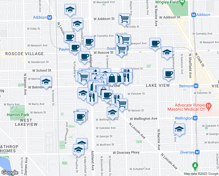 map of restaurants, bars, coffee shops, grocery stores, and more near 1456 West Belmont Avenue in Chicago