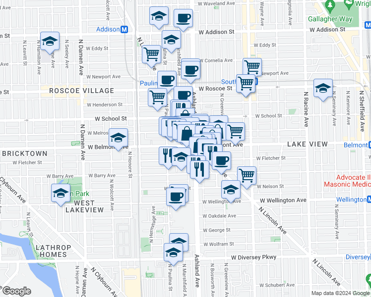 map of restaurants, bars, coffee shops, grocery stores, and more near 3213-3235 North Lincoln Avenue in Chicago