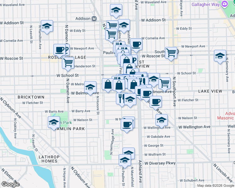 map of restaurants, bars, coffee shops, grocery stores, and more near 1720 West Belmont Avenue in Chicago