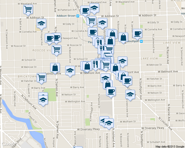 map of restaurants, bars, coffee shops, grocery stores, and more near 1720 West Belmont Avenue in Chicago
