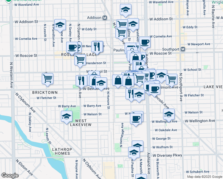 map of restaurants, bars, coffee shops, grocery stores, and more near 3201 North Ravenswood Avenue in Chicago