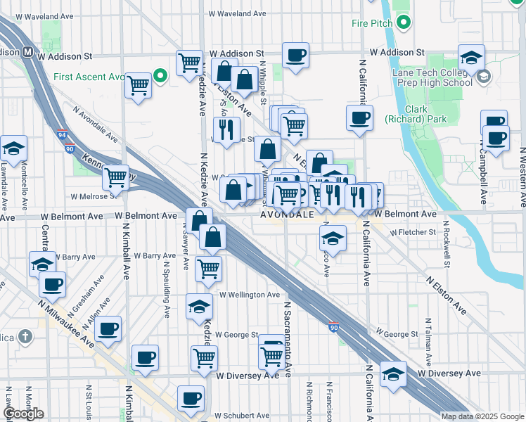 map of restaurants, bars, coffee shops, grocery stores, and more near in Chicago