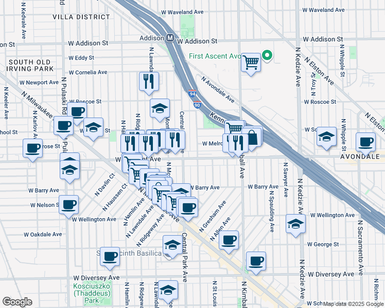 map of restaurants, bars, coffee shops, grocery stores, and more near 3225 North Central Park Avenue in Chicago