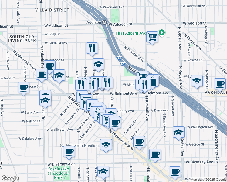 map of restaurants, bars, coffee shops, grocery stores, and more near 3225 North Central Park Avenue in Chicago