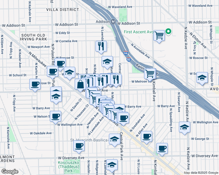 map of restaurants, bars, coffee shops, grocery stores, and more near 3229 North Monticello Avenue in Chicago