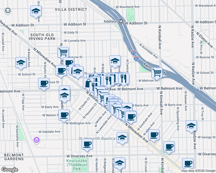 map of restaurants, bars, coffee shops, grocery stores, and more near 3224 North Lawndale Avenue in Chicago