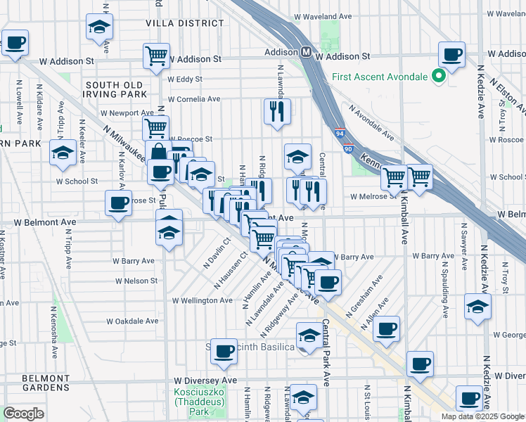 map of restaurants, bars, coffee shops, grocery stores, and more near 3228 North Ridgeway Avenue in Chicago