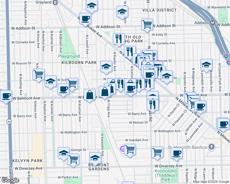 map of restaurants, bars, coffee shops, grocery stores, and more near 3239 North Keeler Avenue in Chicago