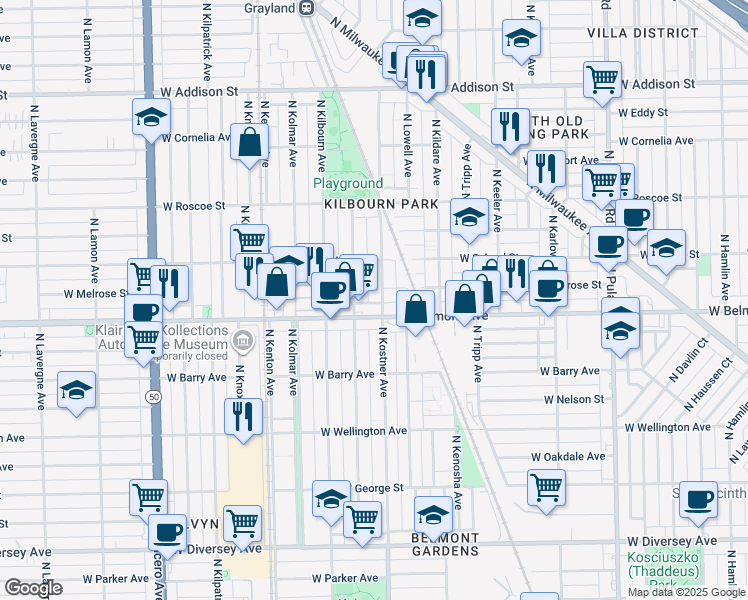map of restaurants, bars, coffee shops, grocery stores, and more near 3235 North Kenneth Avenue in Chicago