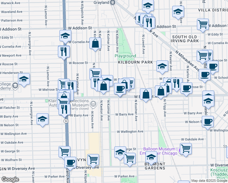 map of restaurants, bars, coffee shops, grocery stores, and more near 3214 North Kilbourn Avenue in Chicago