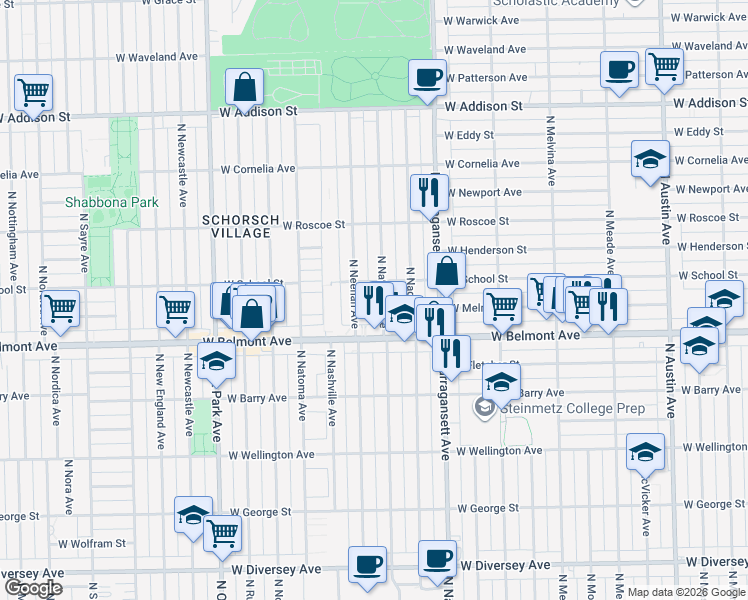 map of restaurants, bars, coffee shops, grocery stores, and more near 6501 West School Street in Chicago