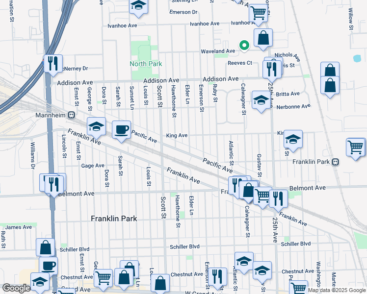 map of restaurants, bars, coffee shops, grocery stores, and more near 3342 Elder Lane in Franklin Park