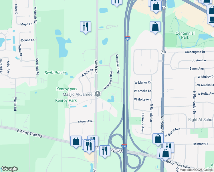 map of restaurants, bars, coffee shops, grocery stores, and more near 695 North Swift Road in Addison