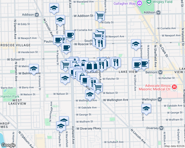 map of restaurants, bars, coffee shops, grocery stores, and more near 1416 West Belmont Avenue in Chicago