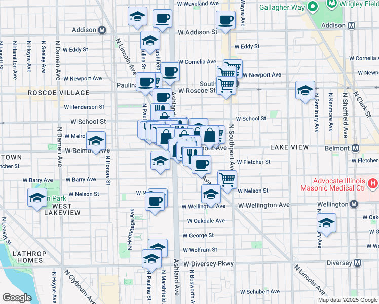 map of restaurants, bars, coffee shops, grocery stores, and more near 1518 West Belmont Avenue in Chicago