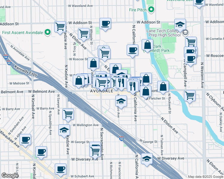 map of restaurants, bars, coffee shops, grocery stores, and more near 3216 North Francisco Avenue in Chicago
