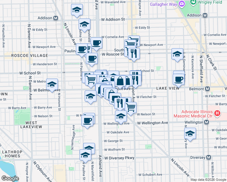 map of restaurants, bars, coffee shops, grocery stores, and more near 1501 West Belmont Avenue in Chicago