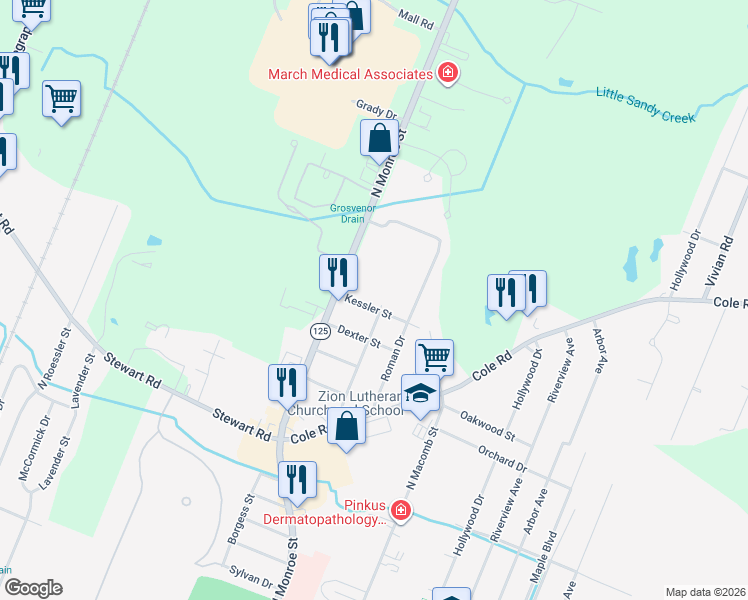 map of restaurants, bars, coffee shops, grocery stores, and more near 1728 North Monroe Street in Monroe