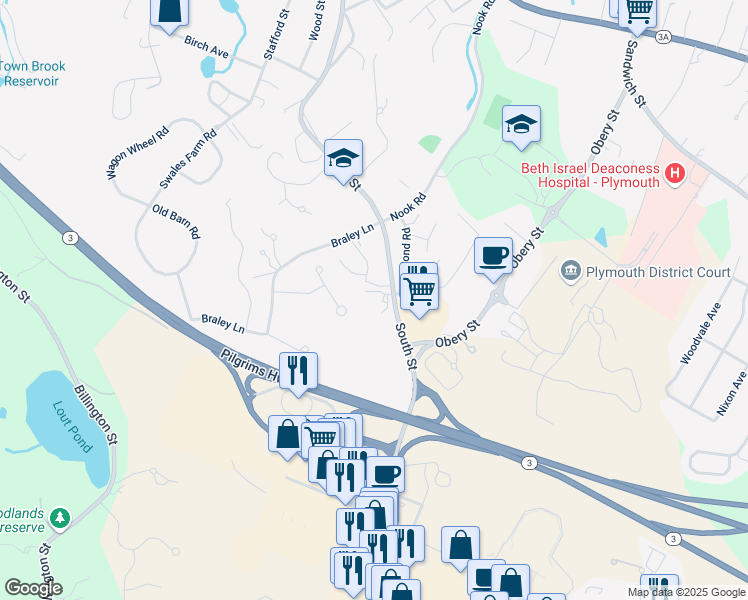 map of restaurants, bars, coffee shops, grocery stores, and more near 157 South Street in Plymouth
