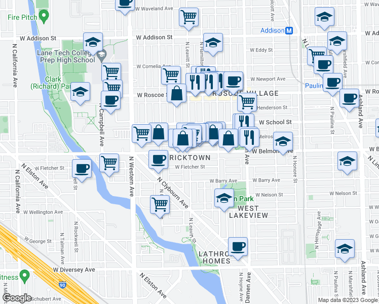 map of restaurants, bars, coffee shops, grocery stores, and more near W Belmont Ave & N Leavitt St in Chicago