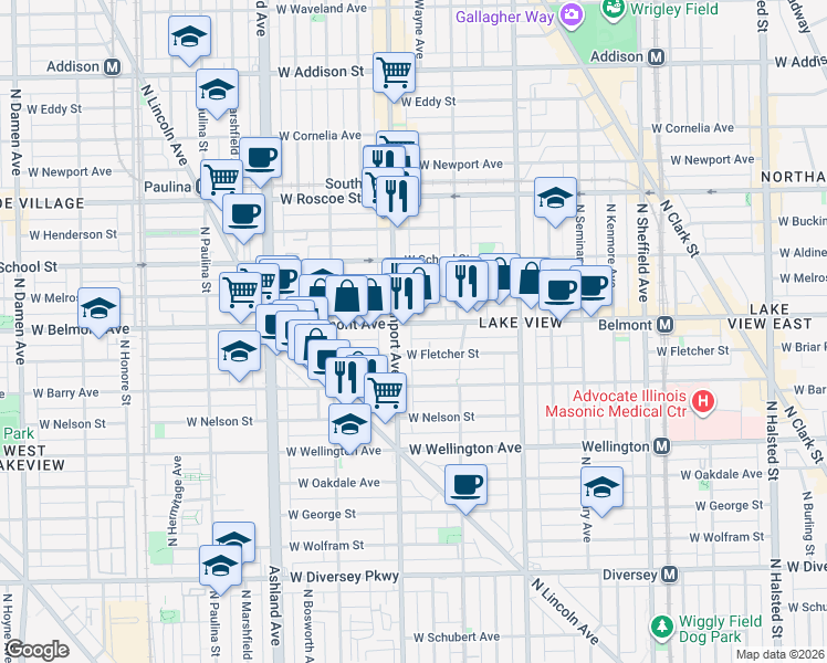 map of restaurants, bars, coffee shops, grocery stores, and more near 1349 West Belmont Avenue in Chicago