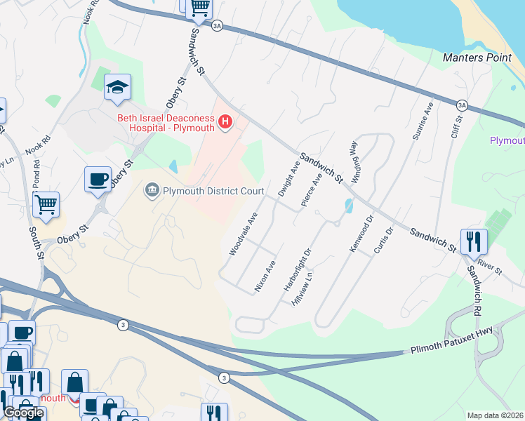 map of restaurants, bars, coffee shops, grocery stores, and more near 19 Dwight Avenue in Plymouth