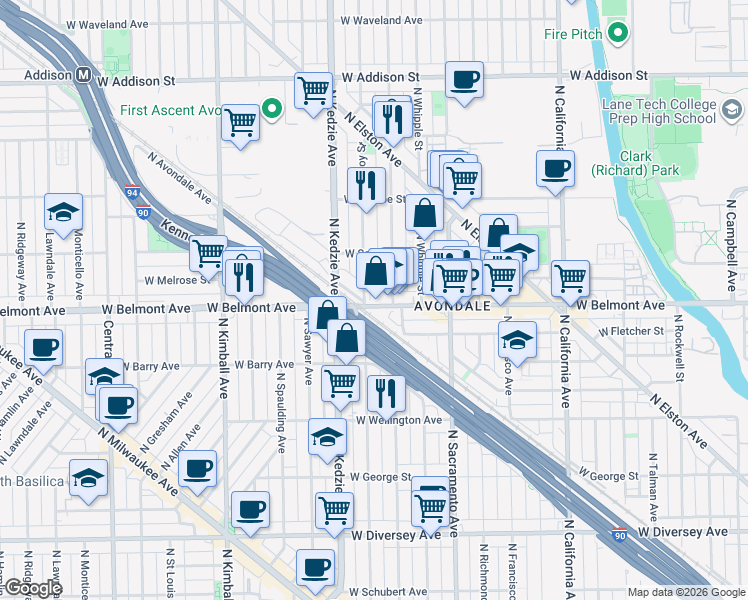map of restaurants, bars, coffee shops, grocery stores, and more near 3120 West Belmont Avenue in Chicago