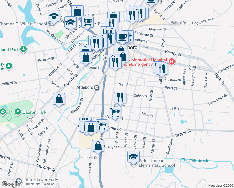 map of restaurants, bars, coffee shops, grocery stores, and more near 6 School Street in Attleboro