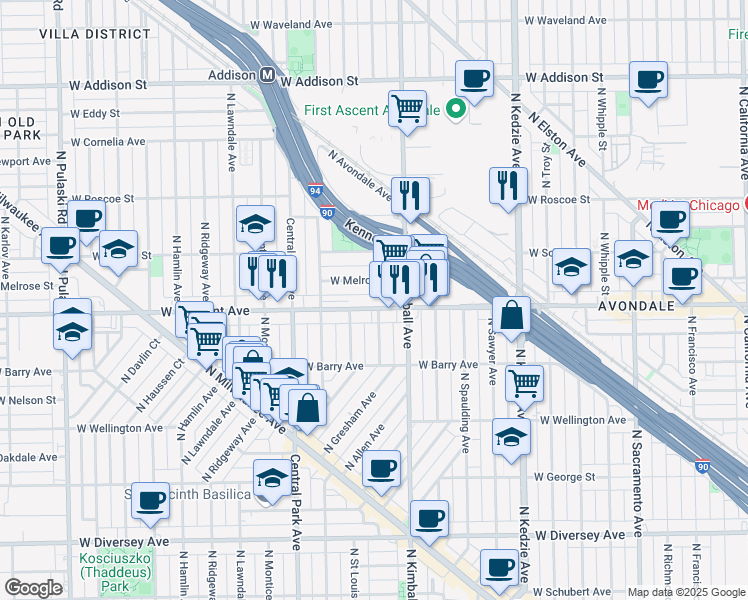 map of restaurants, bars, coffee shops, grocery stores, and more near 3435 West Melrose Street in Chicago
