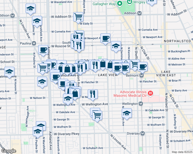 map of restaurants, bars, coffee shops, grocery stores, and more near 3133 North Lakewood Avenue in Chicago