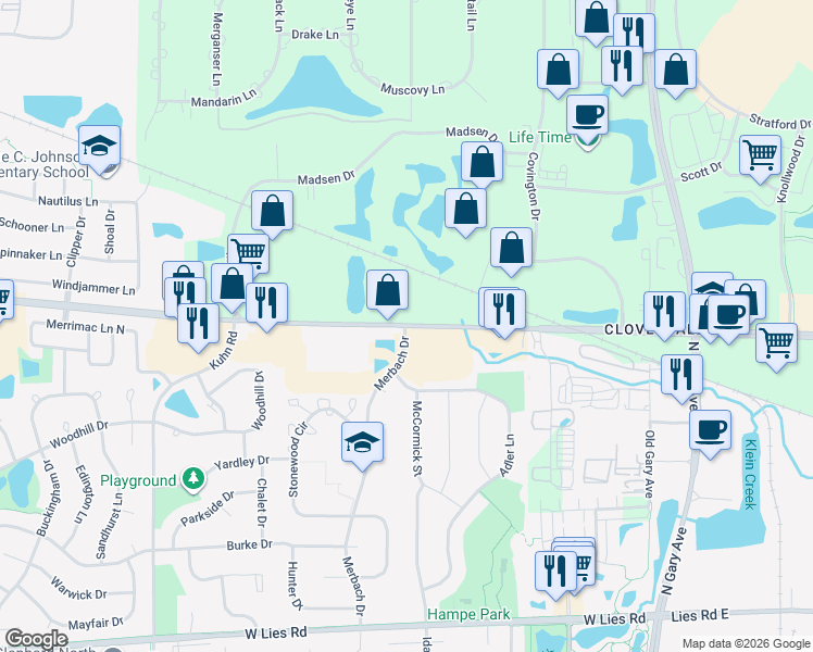 map of restaurants, bars, coffee shops, grocery stores, and more near 485 Army Trail Road in Bloomingdale