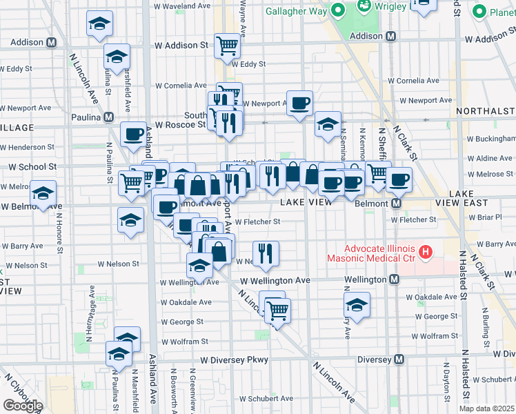 map of restaurants, bars, coffee shops, grocery stores, and more near 1319 West Belmont Avenue in Chicago