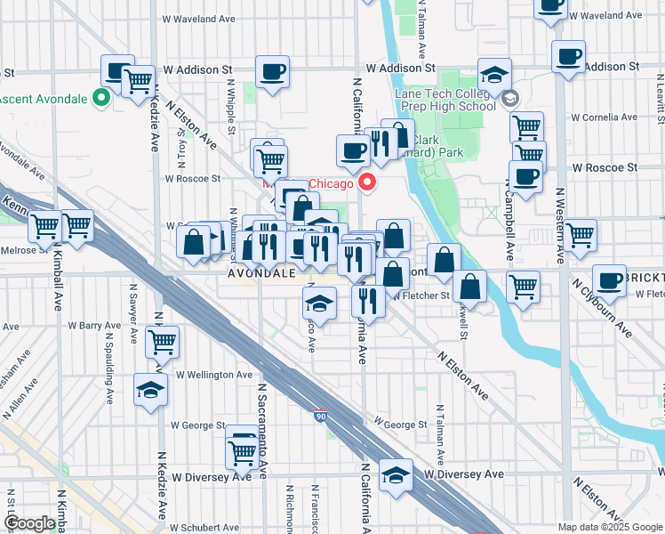map of restaurants, bars, coffee shops, grocery stores, and more near 2828 West Belmont Avenue in Chicago