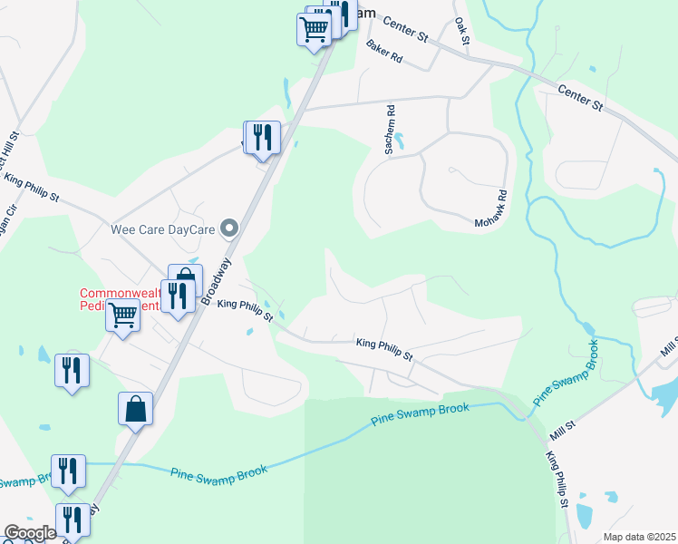 map of restaurants, bars, coffee shops, grocery stores, and more near 121 Wampanoag Road in Raynham