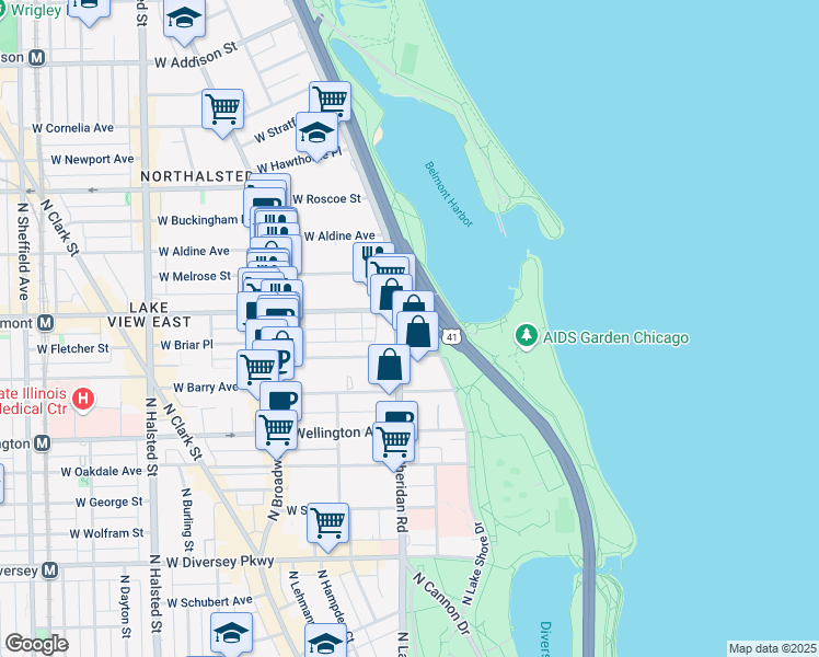 map of restaurants, bars, coffee shops, grocery stores, and more near 3394 North Sheridan Road in Chicago