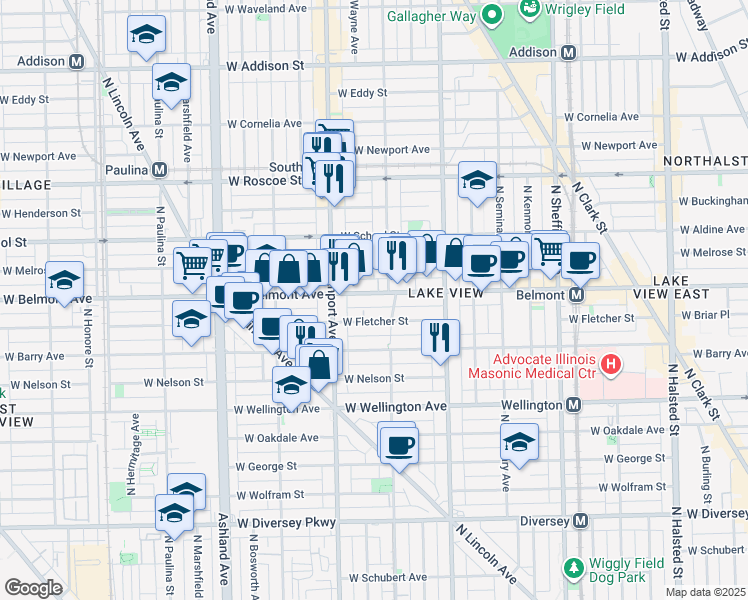map of restaurants, bars, coffee shops, grocery stores, and more near 1321 West Belmont Avenue in Chicago