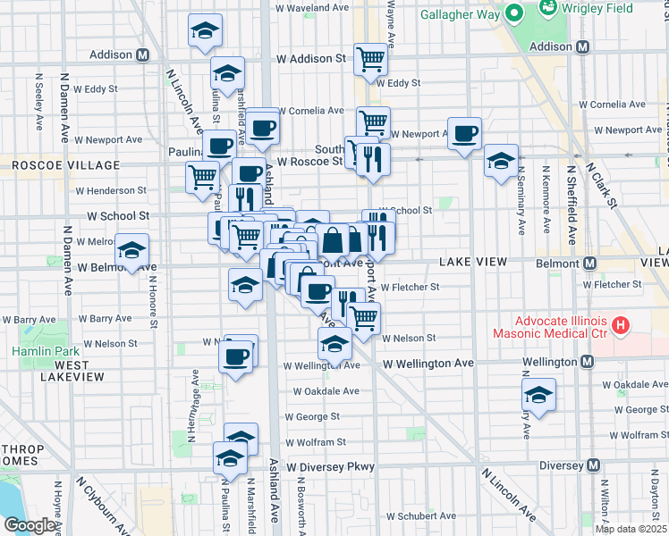 map of restaurants, bars, coffee shops, grocery stores, and more near 1456 West Belmont Avenue in Chicago
