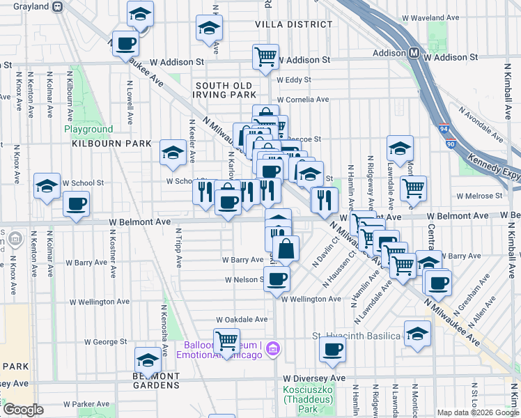 map of restaurants, bars, coffee shops, grocery stores, and more near 4015 West Melrose Street in Chicago