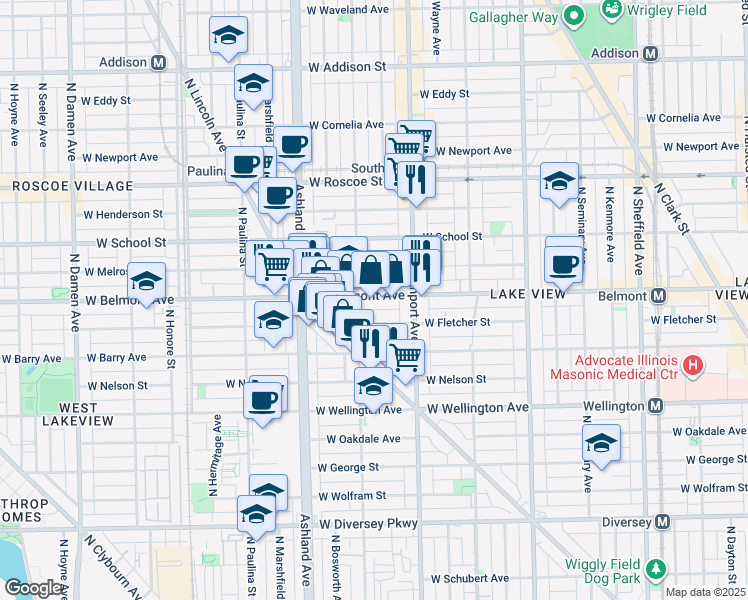 map of restaurants, bars, coffee shops, grocery stores, and more near 1456 West Belmont Avenue in Chicago